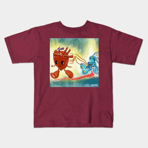 the runaway heart in cyborg love Kids T-Shirt by jorge_lebeau